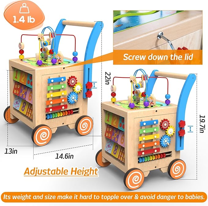 9-in-1 Wooden Activity Cube | Wooden Baby Walker, Sit-to-Stand Learning Walker Activity Center, Early Educational Push & Pull Toys for Baby Toddler Boys Girls, Height & Brake Adjustable