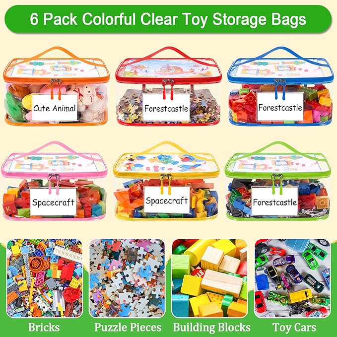 Upgraded 6 Pack Clear Toy Storage Bag - with Name Tag Manual Pocket, Transparent PVC Toy Organizer Case with Zipper for Board Game, Building Block, Puzzle, Large Capacity for Kids Ages 6+ (Colorful)