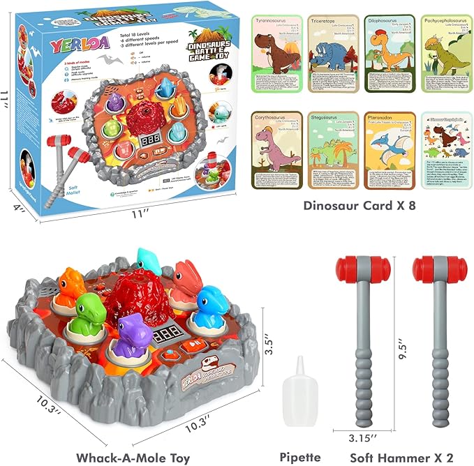 Yerloa Whack Game Mole Dinosaur Toys for Kids 2 3 4 Year Old Boy Birthday Gift, Sensory Toddler Boy Toys for Ages 2-4 2-3 4-6 3-5 Dino Volcano Learning Easter Gifts with 2 Hammers, Music Spray Light