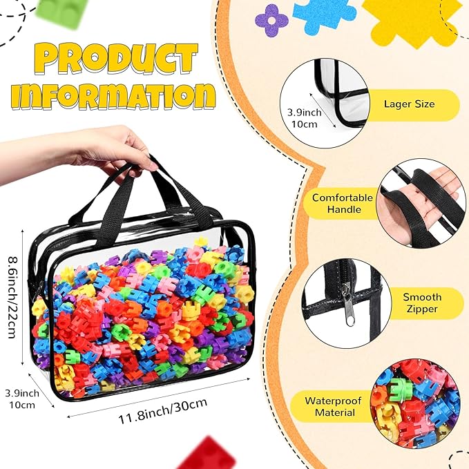 Sanwuta 4 Packs Large Toy Storage Bags Reusable Clear PVC Organizing Case Bags with Two Handles Waterproof Toy Container for Board Games, Building Blocks, Puzzles, Small Toys and Kids Books(Black)