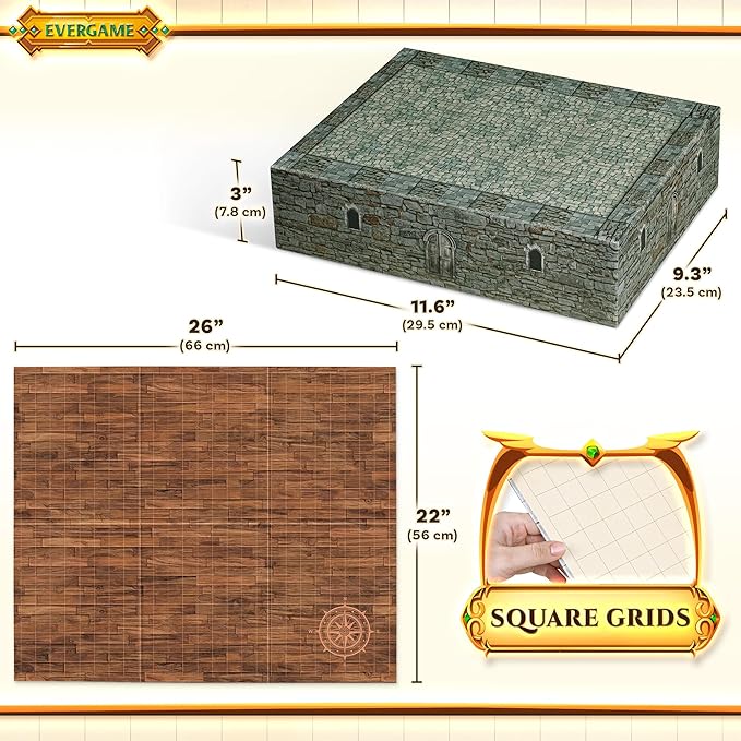 10 DND Game Mats and a lot More - Includes 6 Dungeons & Dragons Board Game Battle Maps (1" Square Grid), Huge Size 22x26-4 3D Battle Arenas, 140+ Reusable Stickers, 4 Markers & Eraser, by EverGame