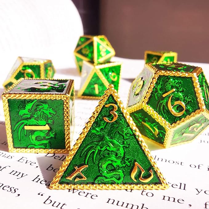 HAOMEJA Dungeons and Dragons Dice Set - D&D Metal 6 Sided Polyhedral Dice for Pathfinder MTG Board Games - D20, D12, D10, D8, D6, D4 Golden Green