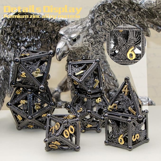 DND Dice Eagle Design of 7Piece,Metal DND for Dungeons and Dragons D&D Dice for RPG Role Playing(Black)