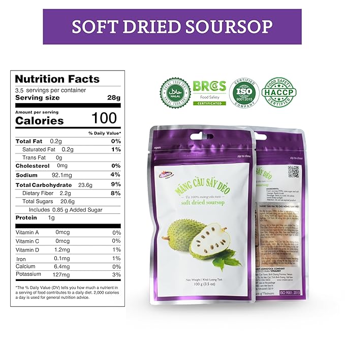 Vinamit Soft Dried Soursop | Soft Dried Fruit, 3.5 oz | Natural Tropical Fruit Snack | Vegan, Gluten-Free, Non-GMO | High in Fiber, Ideal for Travel & Clean Eating