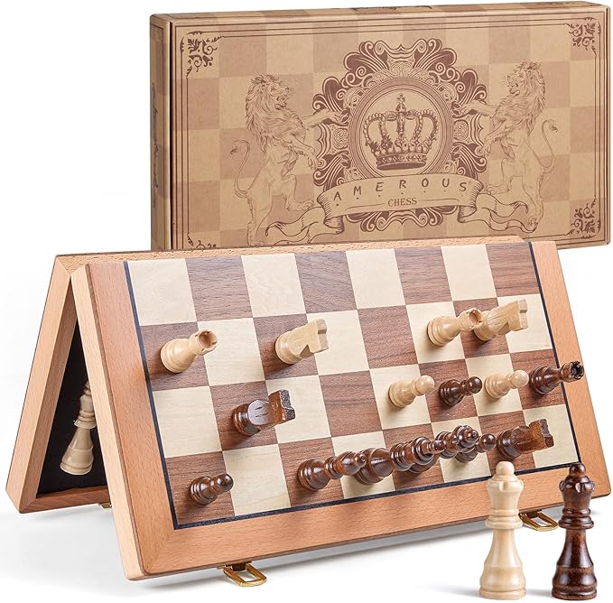 AMEROUS Magnetic Wooden Chess Set, 15 Inches Handmade Wooden Folding Travel Chess Board Game Sets with Chessmen Storage Slots for Kids and Adults, 2 Bonus Extra Queens, Gift Box Packed