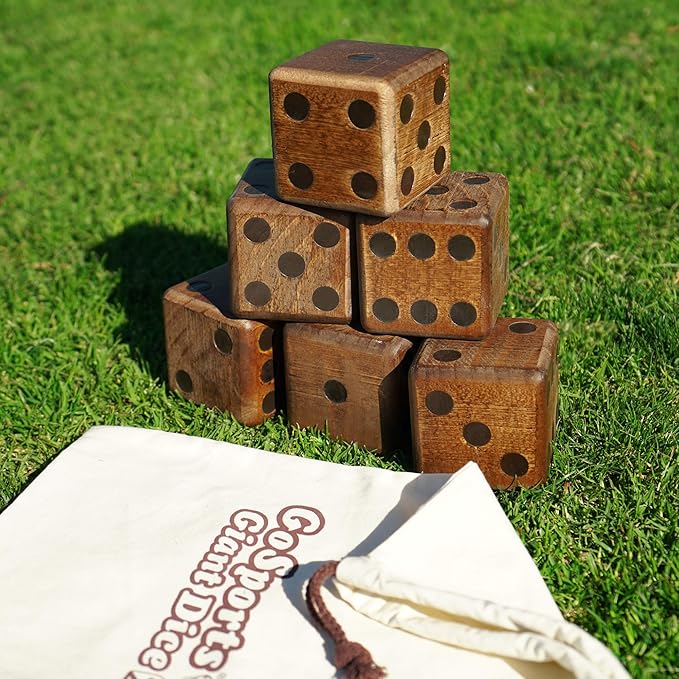 GoSports Giant Wooden Playing Dice Set with Rollzee and Farkle Scoreboard - Includes 6 Dice, Dry-Erase Scoreboard and Canvas Tote Bag - Choose 2.5 Inch or 3.5 Inch Dice)