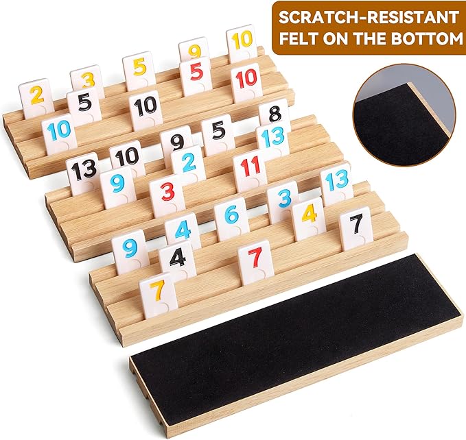 Rummy Cube Game Set with 4 Wooden Racks,106 Rummy Tiles and Portable Case,Classic Travel Board Games for Family Adults and Kids