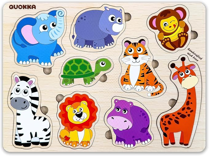 QUOKKA Wooden Puzzles for Toddlers 1-2 – 4 Set Pegged Puzzles for Kids Ages 1-2 – Animal Safari Learning Toy for Kids – Gift Realistic Educational Game for Boy and Girl