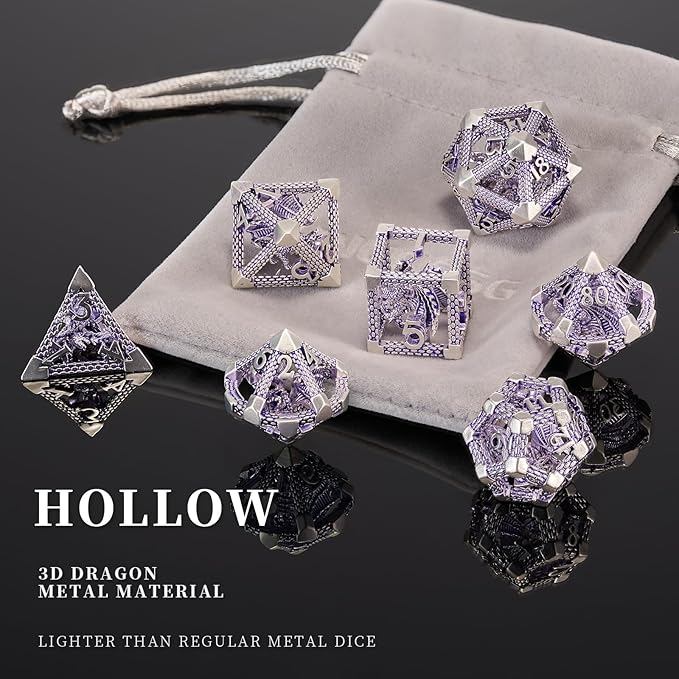 DND Dice, HNCCESG Purple White Dragon Hollow Metal Polyhedral Dice Set for Dungeons and Dragons Dice RPG MTG Table Board Games (Purple White Dragon)