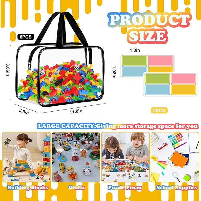 AOBOPLE 6 Pack Extra Large Toy Storage Bags with Zipper,11.8×8.7×5.9in Reusable Clear Toy Organizer Bags with Labels Toy Bags for Board Games, Building Blocks, Puzzles, Small Toys and Kids Books