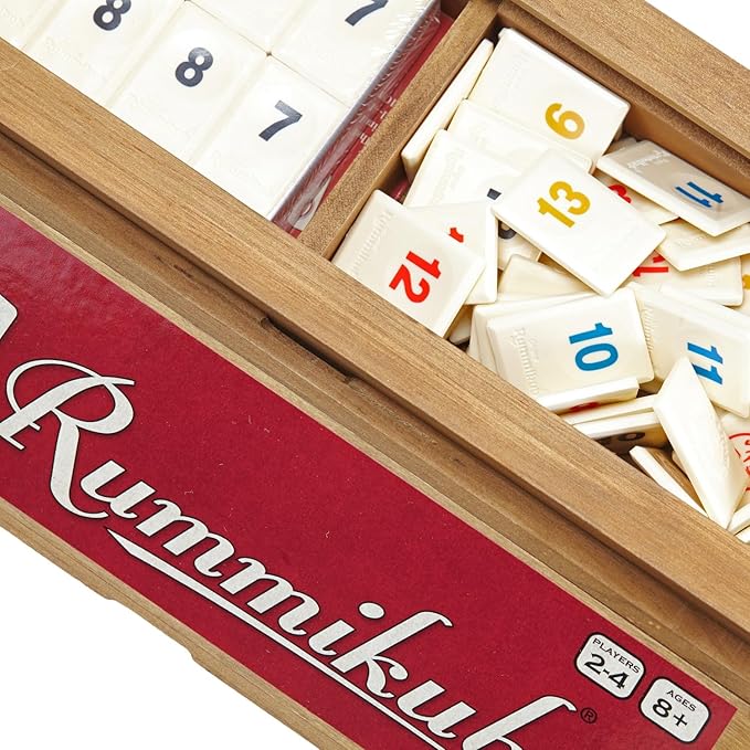 Front Porch Classics, Rummikub Vintage Edition in All-Wood Storage Case with 4 Built-in Player Trays and 106 Rummikub Tiles, for 2 to 4 Players Ages 8 and Up