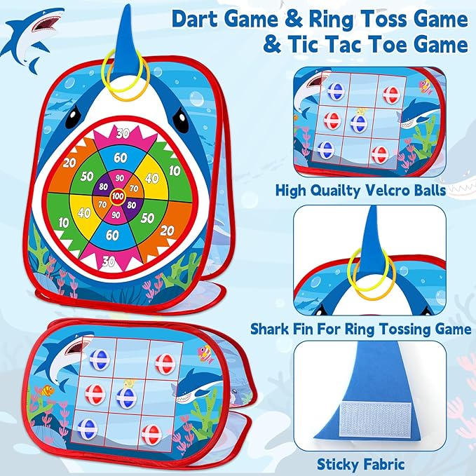 31PCS 4 in 1 Shark Bean Bag Toss Game for Kid Outdoor Ocean Toss Game with Shark Dorsal fin Foldable Cornhole for Party Supplies Board Toy for Toddler Tic Tac Toe Target Christmas