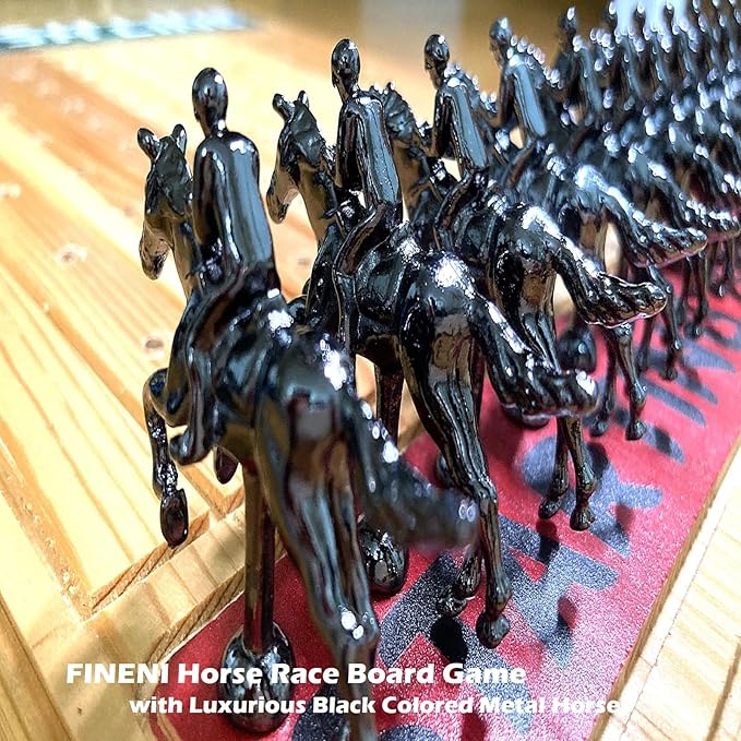 Horse Racing Board Game with Luxurious Durable Metal Horses, 11 Pieces, Black, Real Pine Wood Horseracing Game Board, Dice and Cards