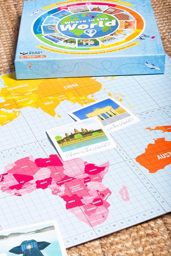 Fizz Creations Where in The World? Game. Put Your Geographical Knowledge to The Test. Use Your Skills to Match Flags, Locate Landmarks and Countries on The Map. Trivia Fun Board Games.