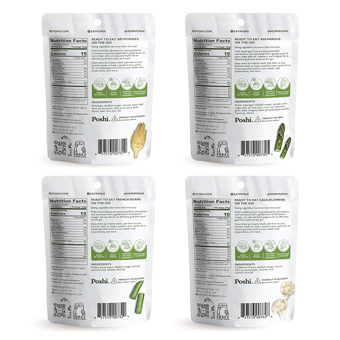 POSHI Marinated Vegetables Variety Pack | Asparagus, French Beans, Cauliflower, Artichoke | Keto, Vegan, Paleo, Non GMO, Gluten Free, Gourmet, Healthy, Fully Cooked (12 Pack)