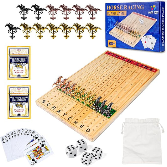 15.6 inches Horse Race Board Game, 13 Metal Horses, 4 Dice, 2 Boxes of Cards, Exciting Horse Racing Game for 11 Players with Solid Wood, Easy-to-Play, For Ages 8+ Ideal for Family and Freinds
