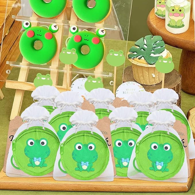 15 Pack Frog Mini Coin Purses with Keyring for Green Frog Lover,Baby Shower,First Birthday Reptile Camping Decoration,Green