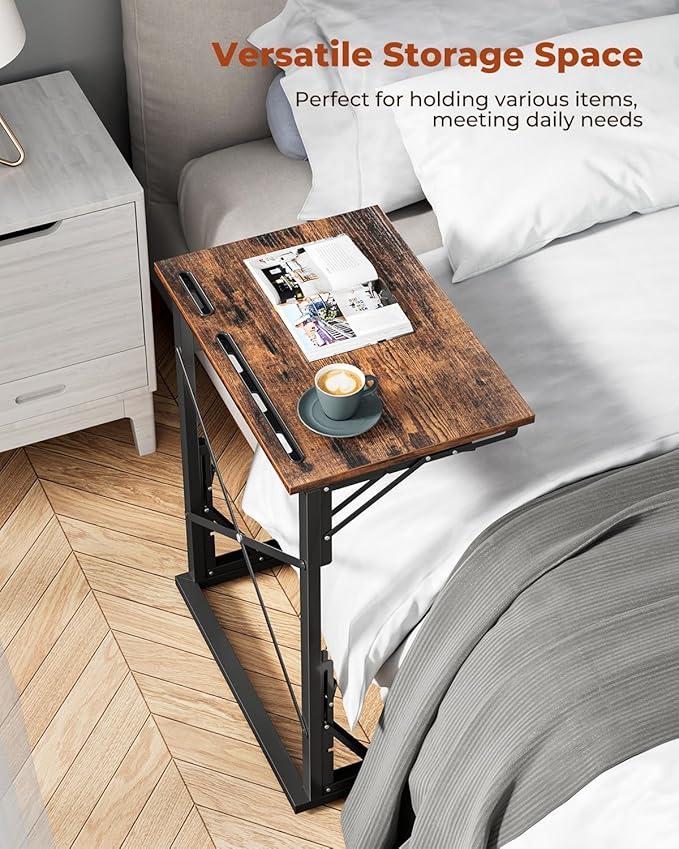 21''Wx28''H Folding TV Tray Set of 2, Small Foldable C-Shaped Tray Table for Eating with Tablet and Phone Slots, Slide Under Couch Side Table for Recliner, Living Room, Bedroom, Rustic Brown