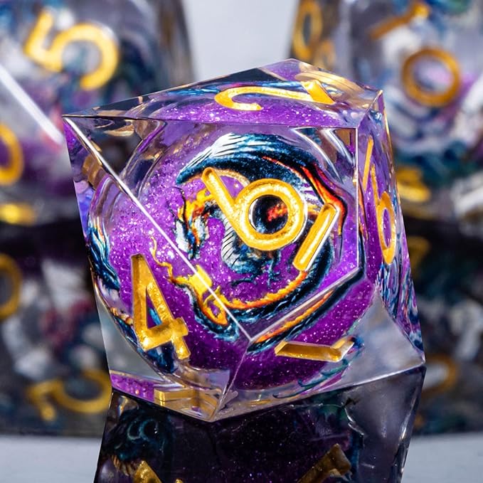 Dragon Pattern Liquid Core DND Dice Set, 7Pcs Sharp Edge Dice with Gift Box, Purple Resin Dungeons Dragons D and D Role Playing Dice D20 D12 D10 D8 D6 D4