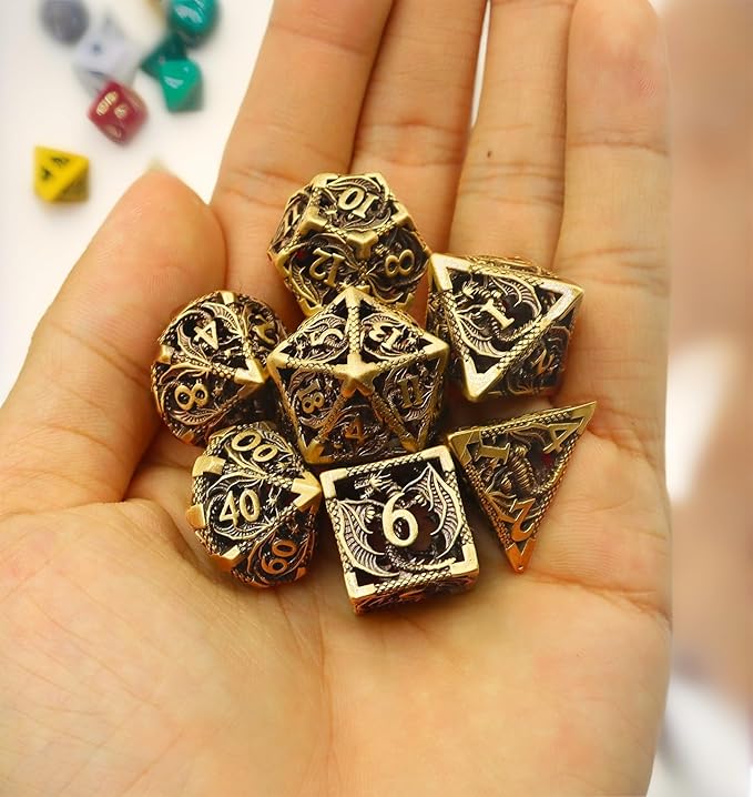 Metal DND Dice Set Dungeons and Dragon Dice Set Hollow Dragon Polyhedral Magic 7 PCS Dice Set with Gift Metal Box for Dungeons and Dragons Table Games Play Cards MTG(Dragon_Ancient Bronze)