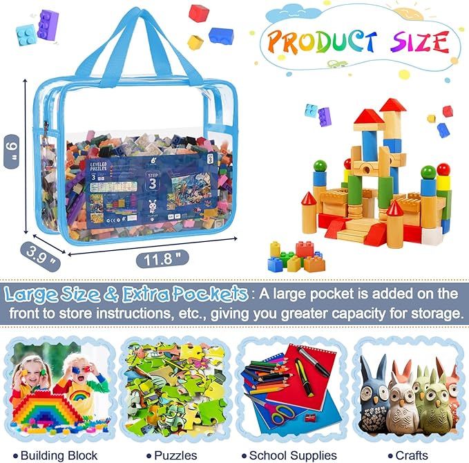 6 Packs Clear Toy Storage Bags with Zipper & Labels, Clear PVC Toy Organizer Bags Reusable with Pocket for Board Games, Building Blocks, Puzzles, Toys