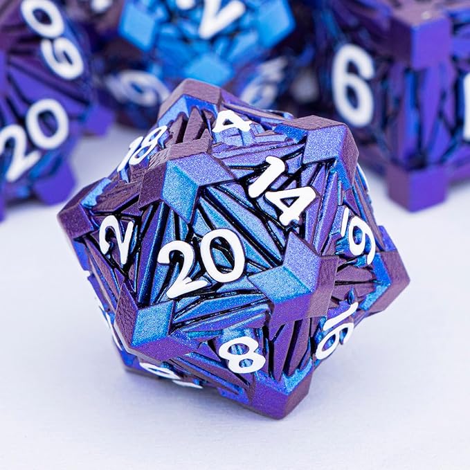 7PCS Metal DND Dice Set with Box, Debris RPG Blue White D and D Dice for D&D Tabletop Games Role Playing Game Polyhedral Dice Set D20 D12 D10 D8 D6 D4