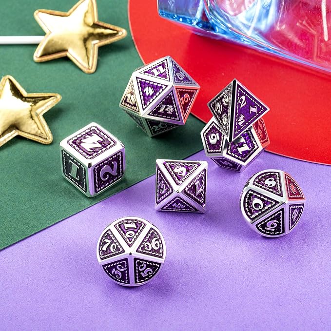 DNDND Metal Dice Set, 7 Pieces Polyhedral Dragon Scale Metallic Die with Gift Metal Case for Dungeons & Dragons D&D (Purple with Silver Edge)