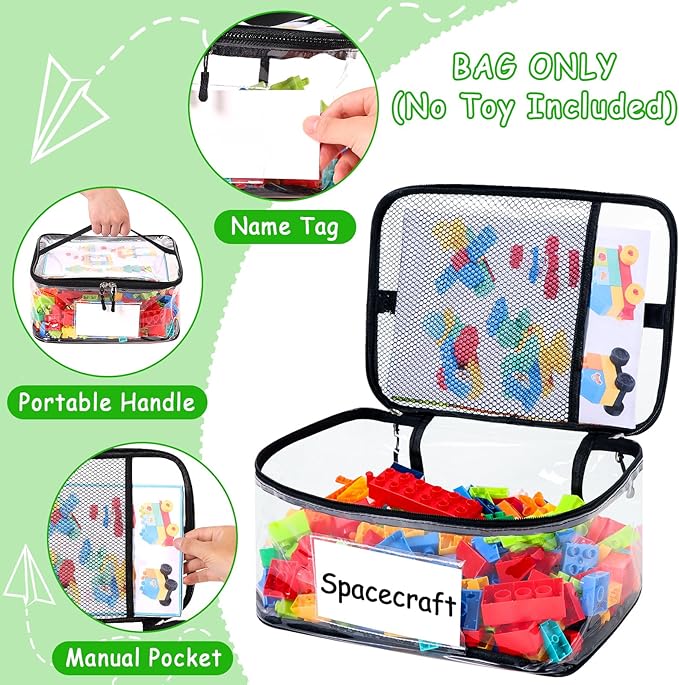 Upgraded 6 Pack Clear Toy Storage Bag - with Name Tag & Manual Pocket, Transparent PVC Toy Organizer Case with Zipper for Board Game, Building Blocks, Puzzles, Large Capacity for Kids Ages 6+ (Black)