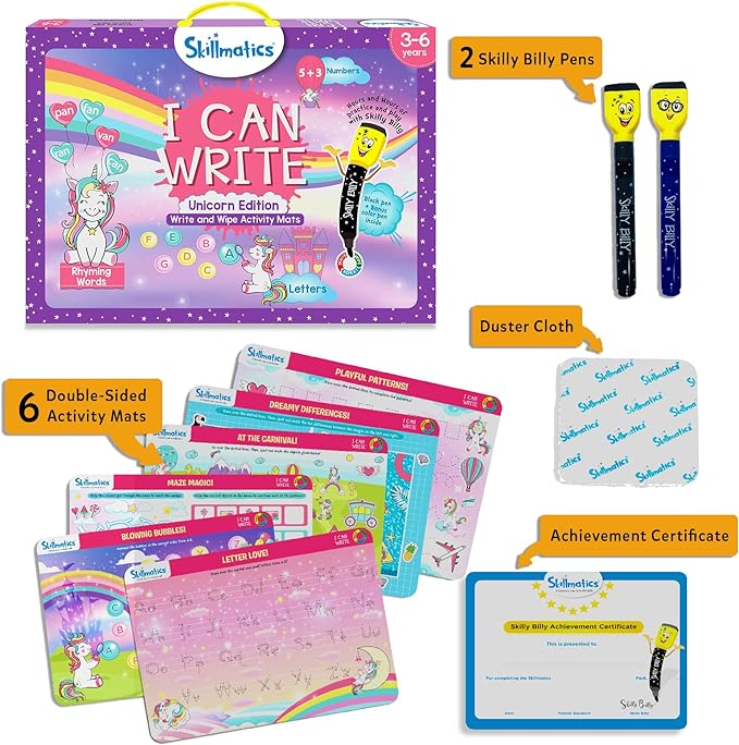 Skillmatics I Can Write Unicorns - Reusable Preschool Learning Activities, Educational Toy and Game, Back to School Supplies, Gifts for Students, Kids, Toddlers Ages 3, 4, 5, 6