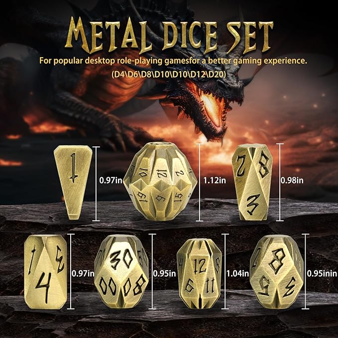 Metal Dice Set for DND, ZHOORQI 7 Pcs Polyhedral Dice, Perfect for Dungeons and Dragons, RPG Role Playing Games - Unique Cool Dice with Stonehenge Themed Design for Games Gifts(JS-Bronze)