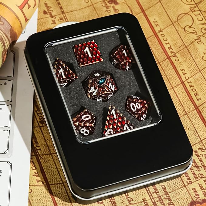 Metal Dice Set D&D,7 PCS Dragon Scale Metallic DND Dice Set,Dragon Eye Metal Dice with Grogeous Gift Case for Dungeons and Dragon Tabletop Game (Reddish Brown Dragon Scale & Cyan Eye)