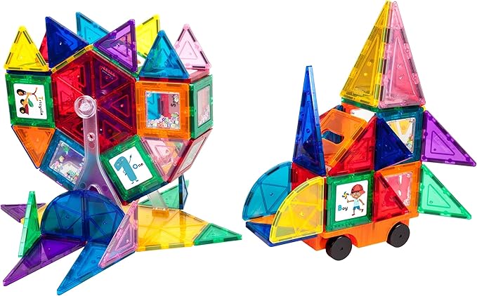 PicassoTiles 120pc Master Builder Magnetic Building Block Construction Set Toy Blocks with Ferris Wheel, Castle Click-in, 28 Educational Alphabet Animal and Number Graphic Card, Car Truck Windmill