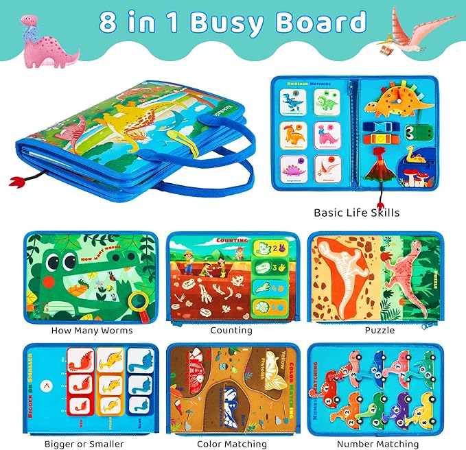 Busy Board Montessori Toys for 3 4 Year Old Boys & Girls Birthday Gifts, Educational Activity Sensory Board Preschool Learning Toys for Toddlers, Travel Toys for Airplane Car (Dinosaur)