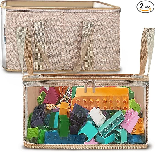 holay 2 Pack Storage Bins PVC Boxes with Transparent Lid & Handles - Durable & Foldable - Multi-Purpose Organizer for Clothes, Books, and More (Brown, Medium)