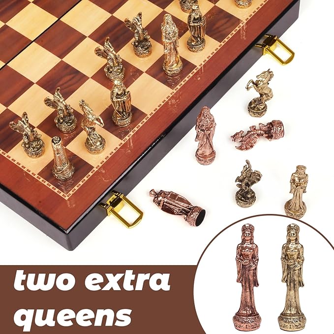 Vintage Figurine Metal Chess Set for Adults and Kids – Wooden Chess Board with Metal Chess Pieces Travel Chess Set with Metal Chessmen – Collectible Elegant Chess Game – Family Vintage Board Game