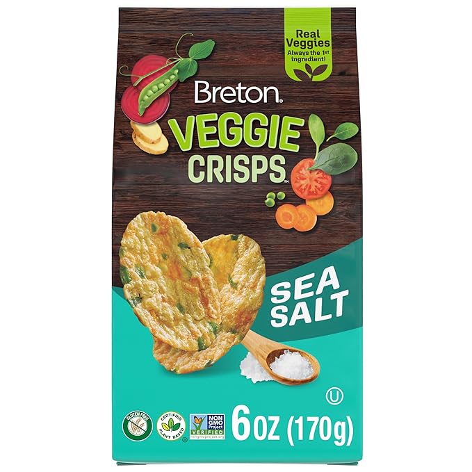 Breton Veggie Crisps Sea Salt (Pack of 12) - Popped not Fried Crisps, Made with Real Vegetables, Light and Crispy Gluten Free Chips, Snacks for School, Lunch Box and More, 12x6oz