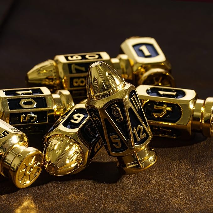 UDIXI Metal DND Dice Set with Unique Container, 7-Die Bullet RPG Dice Set for D&D, Role Playing Game or Other Tabletop Games(Golden Black)