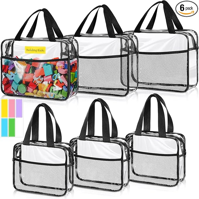 6 Pack Clear Toy Storage Bags with Zipper and Tags Reusable Waterproof Transparent PVC Toy Organizer Cases with Portable Handle for Building Blocks Puzzles Books(3 Large, 3 Medium)
