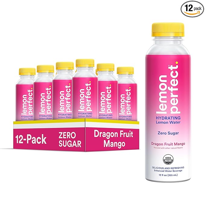 Lemon Perfect, Hydrating Organic Lemon Water, Zero Sugar, Flavored Water, Squeezed from Real Fruit, Plastic Neutral, No Artificial Ingredients, Dragon Fruit Mango (12oz Bottles) 12pk