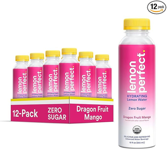 Lemon Perfect, Hydrating Organic Lemon Water, Zero Sugar, Flavored Water, Squeezed from Real Fruit, Plastic Neutral, No Artificial Ingredients, Dragon Fruit Mango (12oz Bottles) 12pk