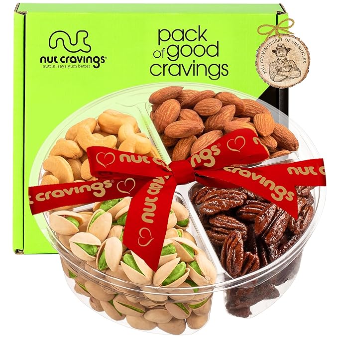 NUT CRAVINGS - Mixed Nuts Gift Basket + Heart Ribbon (4 Assortments) Food Arrangement, Healthy Snack Care Package, Kosher
