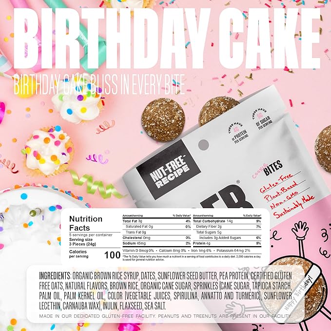 The GFB Gluten Free Protein Cookie Bites Nut Free Variety Pack – Super Tasty Allergen Friendly Fudge Brownie, Cookie Dough & Birthday Cake Vegan Protein Bites, 4 Oz (6 Count)