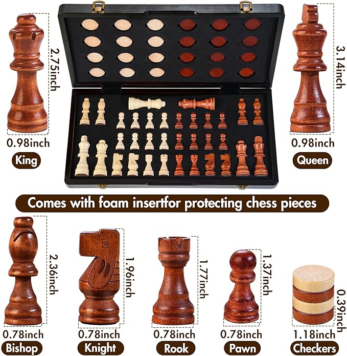 2 in 1 Magnetic Wooden Chess Set & Checkers Board Game, 15’’ Folding Chess Board with Pieces Storage Slots, 2 Extra Queens, Portable Travel Chess Set for Kids Adults Beginner Age 3+