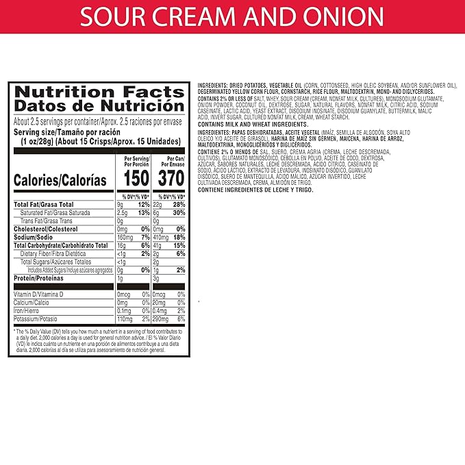 Pringles Potato Crisps Chips, Lunch Snacks, Office and Kids Snacks, Grab N' Go, Sour Cream and Onion (12 Cans)