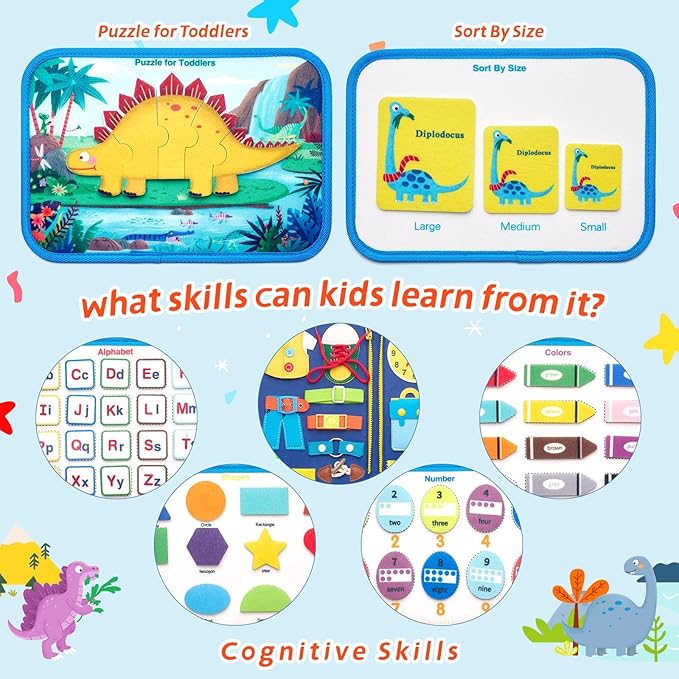 Busy Board Sensory Toys for Toddlers 1 2 3 4, Toddler Travel Activities Educational Toys, Montessori Toys for 2 3 4 Year Old Boys Girls Gift, Dinosaur