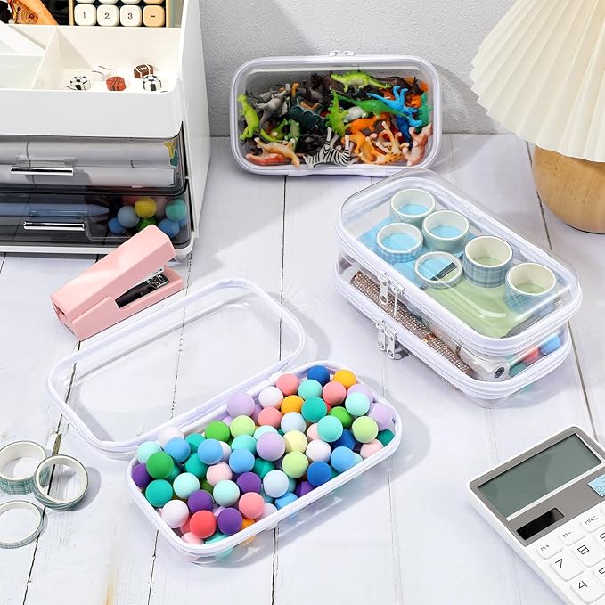 Hoolerry 4 Pcs Hard Clear Zipper Case Transparent Cases for Snacks Makeup Bag Plastic Storage Box Containers for Building Blocks, Puzzles, Cosmetics(White,7.5 x 3.9 x 2 in)