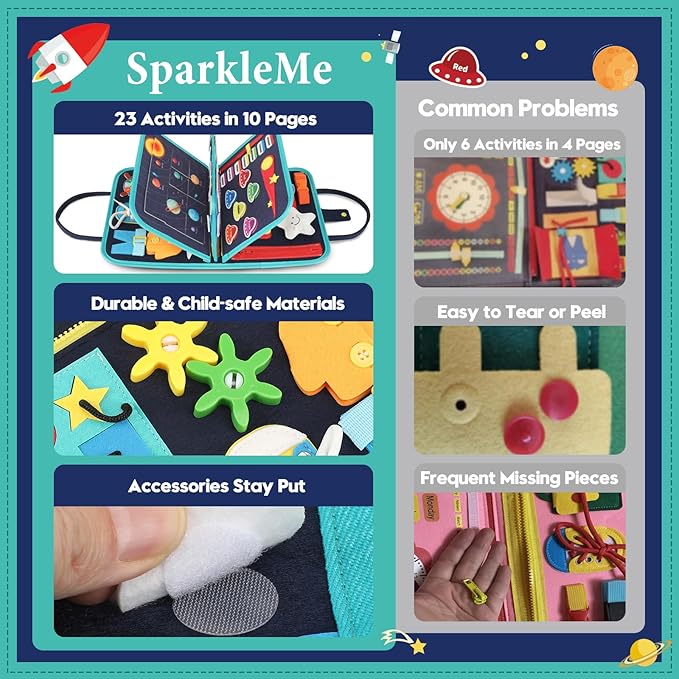 Toddler Sensory Busy Board: Travel Toy Activity Book for Girls Boys, Motor Skill Development Gift for Baby Aged 3-4 Years, Fine Educational Preschool Montessori Learning Toy for Car Airplane Space