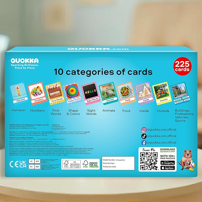 QUOKKA 225 Flash Cards for Toddlers 1-3 – Alphabet & First Words Flashcards with Rings – Toddler Educational Toys for Learning – Fun Big Size Letter Flashcards for Toddlers 3-5 Years