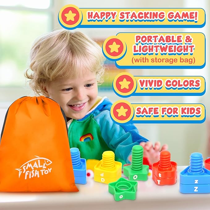 Letters Learning Matching Game | Fine Motor Skills Toy Set for Toddlers | 26 Alphabet Learning Toys with 52 pcs Nuts and Bolts Sorting & Stacking Toys, ABC learning Educational Montessori Toy for Kids
