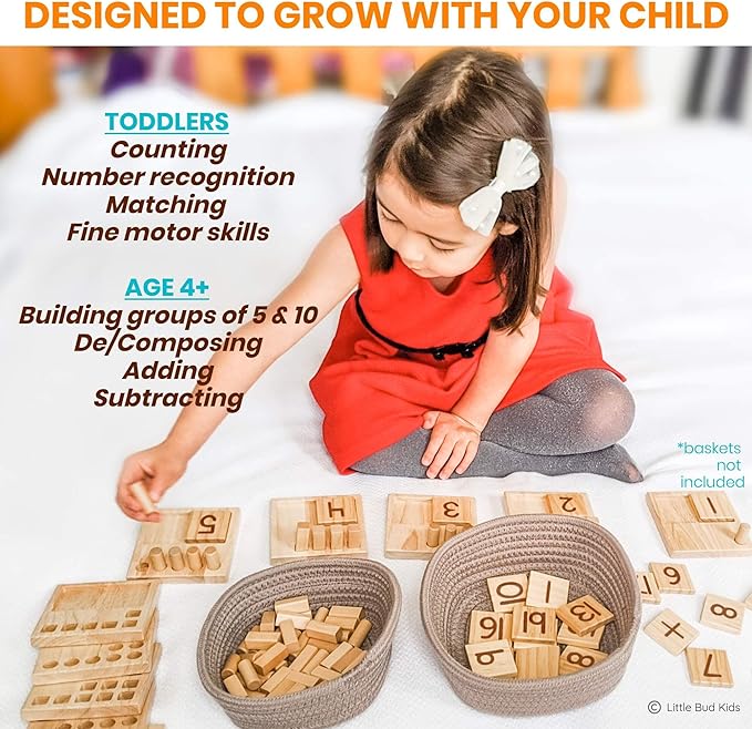 LITTLE BUD KIDS Counting Pegs - A Ten Frame Math Game with Addition and Subtraction Flash Cards, A Wooden Montessori Math Toy & Math Manipulatives Number Peg Boards for Kids 3 4 5 6 7